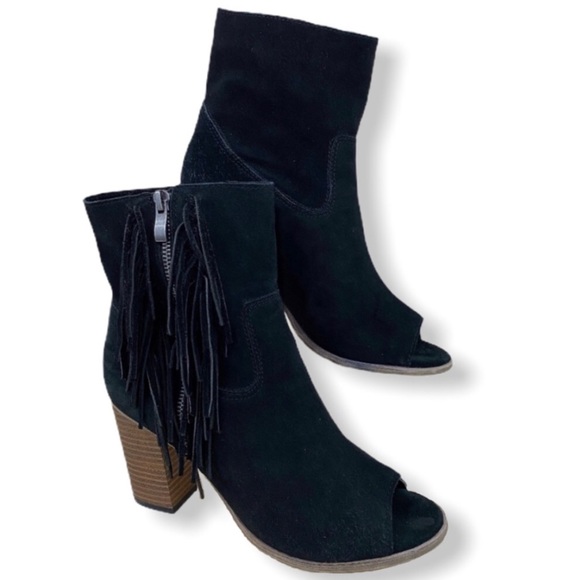 MIA Shoes - MIA "Coty" Suede Peep Toe Booties With Fringe